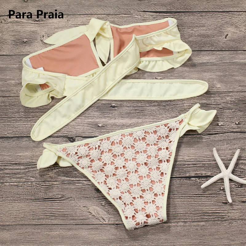 2019 желтый кружевной бандо купальник женский с открытыми плечами гофрированный