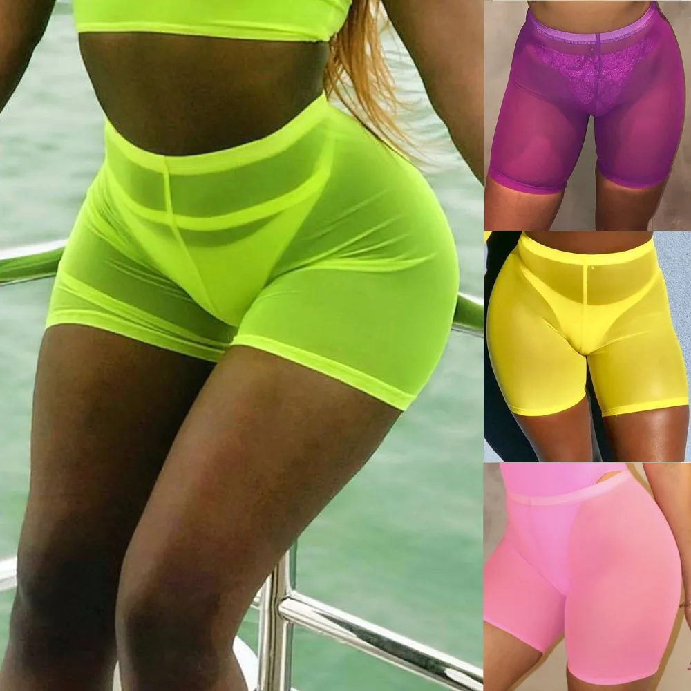 Stylish Women Summer Bottom Clothes Casual Shorts Beachwear Slim Yellow Mesh High Waist Transparent See Through Shorts One piece