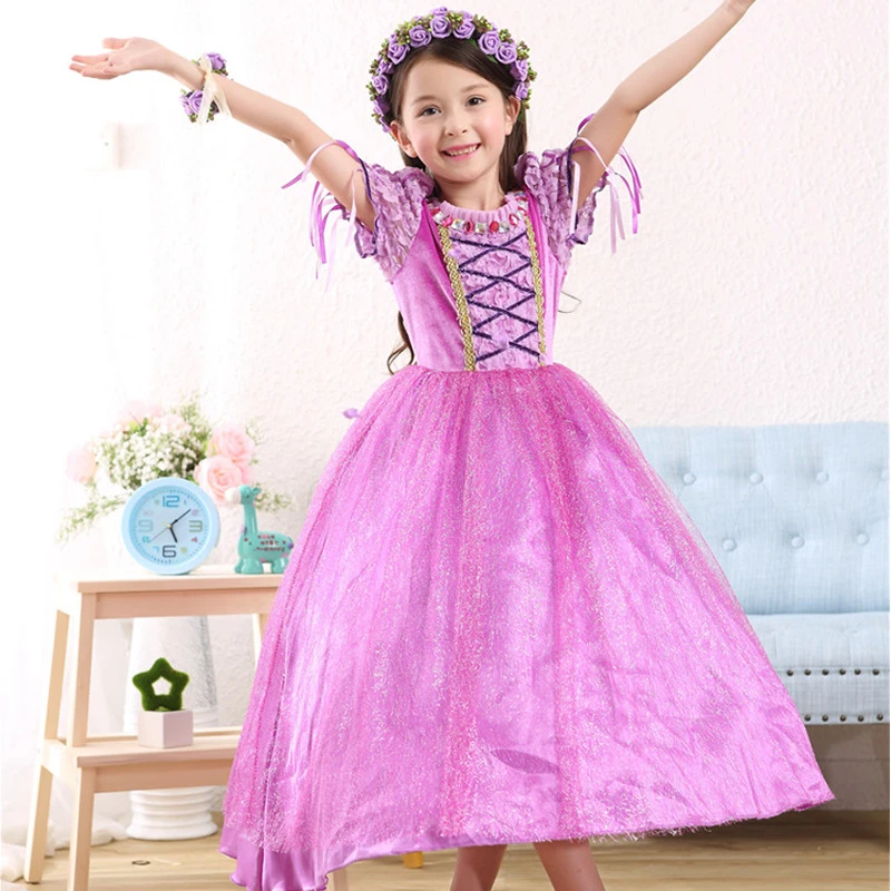 2017 Rapunzel Cosplay Dress Children Girls Long Hair Princess Halloween Costume Clothes Kids Clothing with Sleeves Garland | Детская