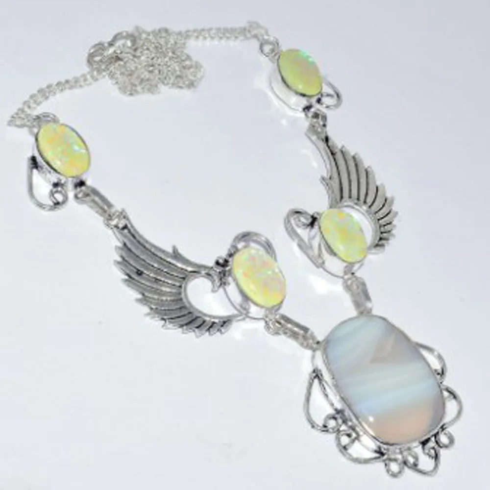 

Botswana Agates & Dichroic Glass Necklace Silver Overlay over Copper, 50.2 cm , N3580