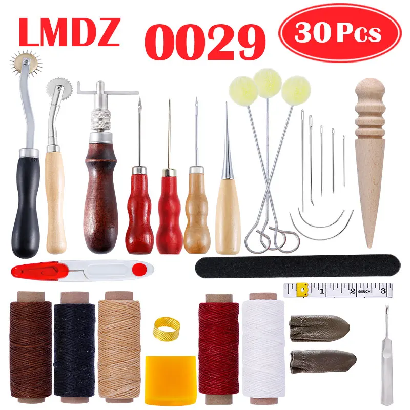 0029 30Pcs 1Set LMDZ Наборы инструментов для кожевенного ремесла, Ручное шитье, инструмент для шитья, седло, грувер-пробойник, набор инструментов, дерево, металл - Цвет: 0029 30Pcs 1Set
