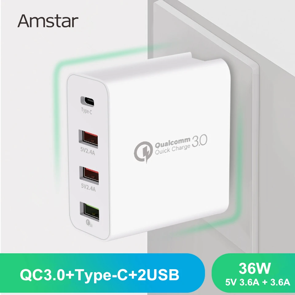 Amstar 36 Вт Quick Charge 3 0 USB зарядное устройство типа C с QC 4 порта адаптер для iPhone Samsung Huawei
