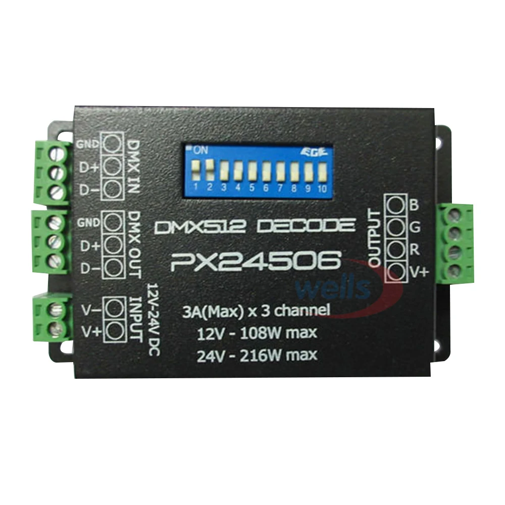 PX24506 DMX 512 Decoder Driver 9A DMX 512 Amplifier 12V 24V led DMX512 controller for RGB LED strip Lights