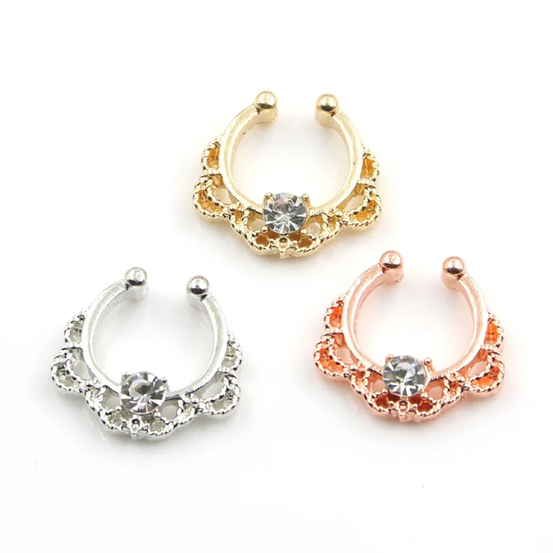 New Design Crystal Pierced Unique Nose Ring Fake Septum for Women Piercing Hanger Jewelry Hoop Body 3 Colors | Украшения и