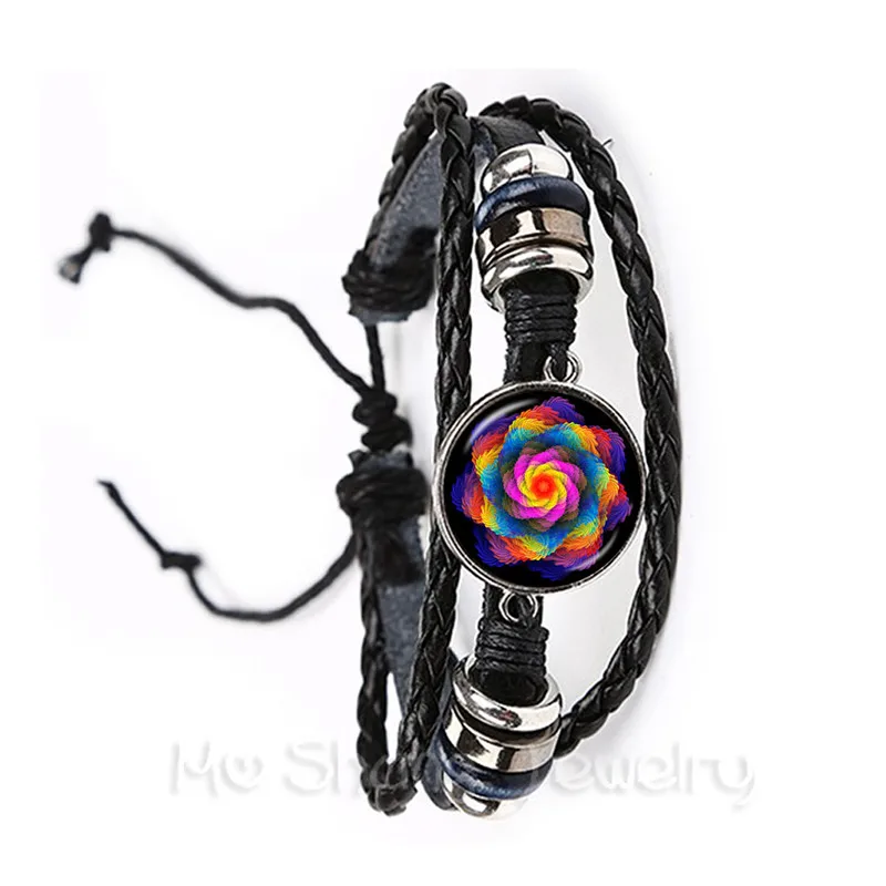 Mandala Bracelet Beautiful Flowers Glass Cabochon Black/Brown Leather Bangles For Men Women Jewelry Creative Gift Friends | Украшения и