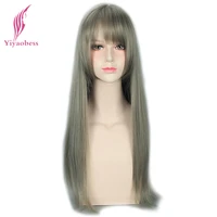 yiyaobess 26inch long straight gray wig with bangs heat resistant synthetic natural hair wigs cosplay for white women