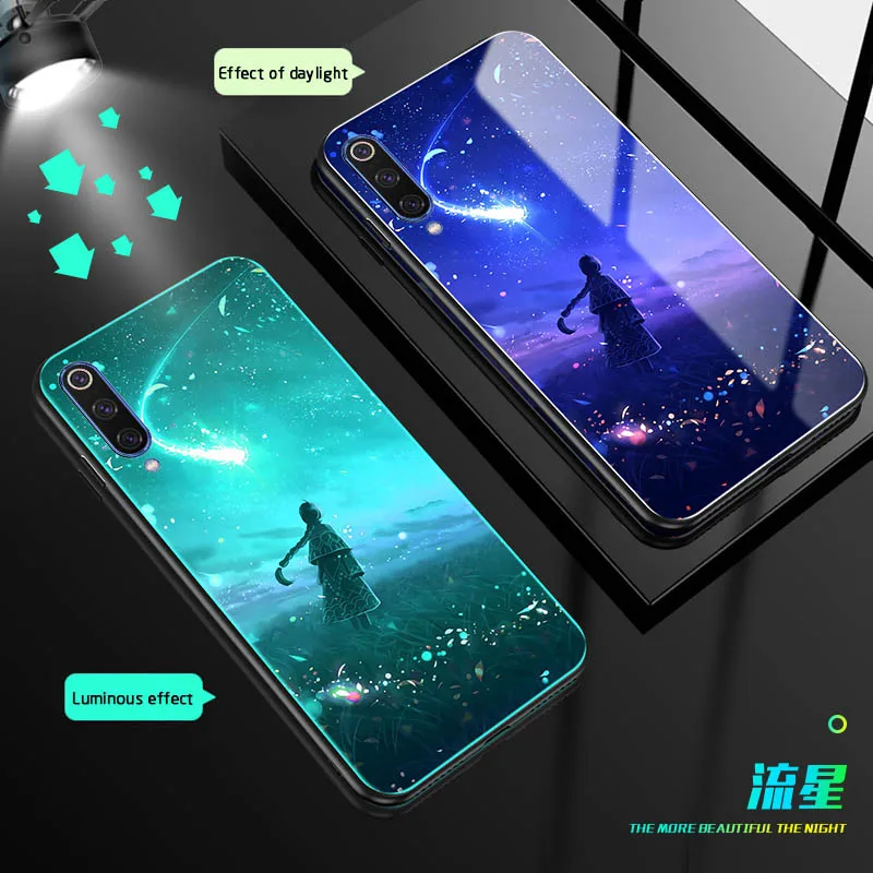 Tempered Glass Luminous Phone Case For Xiaomi MI 9 Luxury case SE Color pattern redmi note 7 back Cover | Мобильные телефоны и