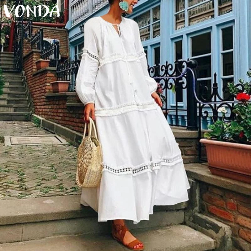 VONDA богемное женское длинное платье макси осеннее платье свободного кроя с v-образным вырезом и длинным рукавом-фонариком праздничное платье размера плюс S-5XL