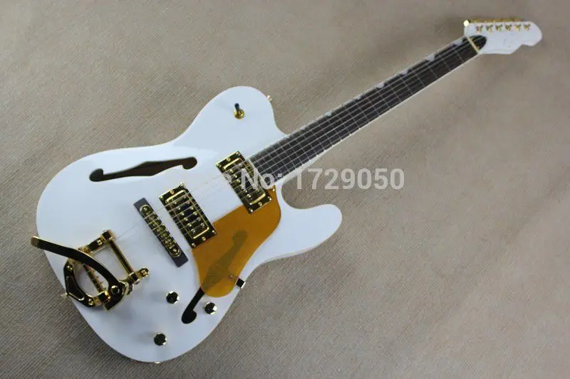 Новая белая полупустотелая гитара джаз 6 струн электрическая с Bigsby Vibrato Золотое