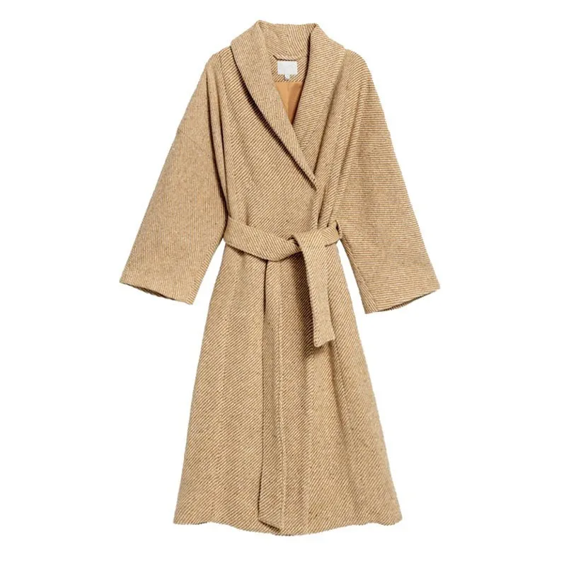khaki coat TWOTWINSTYLE твидовые пальто женский кардиган с длинным рукавом на шнуровке сзади с разрезом в полоску женские куртки Осенняя мода негабаритных размеров - Цвет: khaki coat