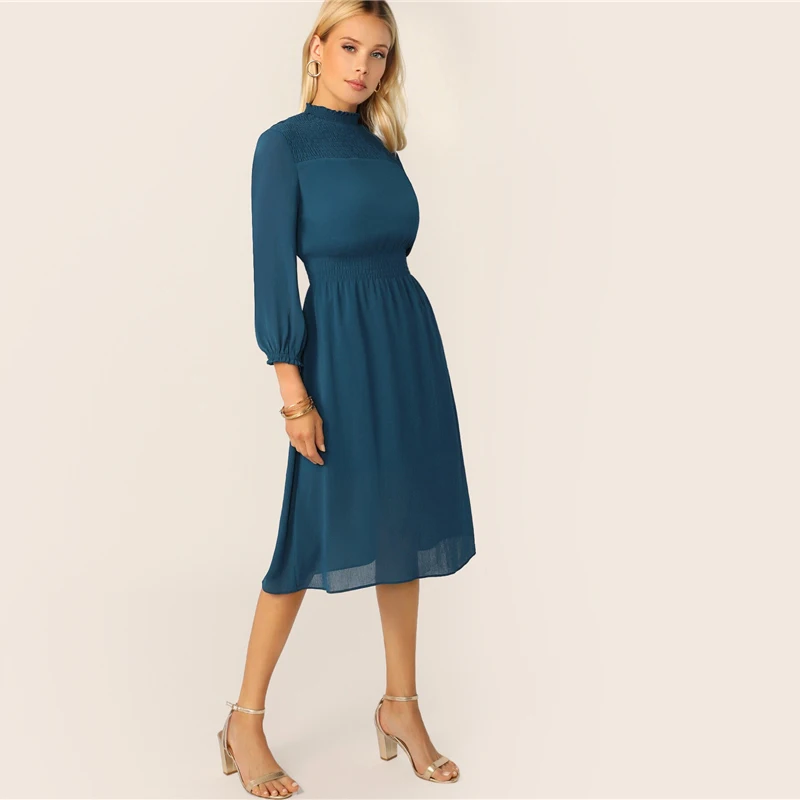 SHEIN Стильное Платье Со Стоячим Воротником Женское Синее Классическое Платье С Длинными Рукавами