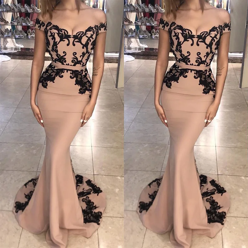 Off-the-shoulder русалка атласные платья для выпускного чёрные кружевные аппликации