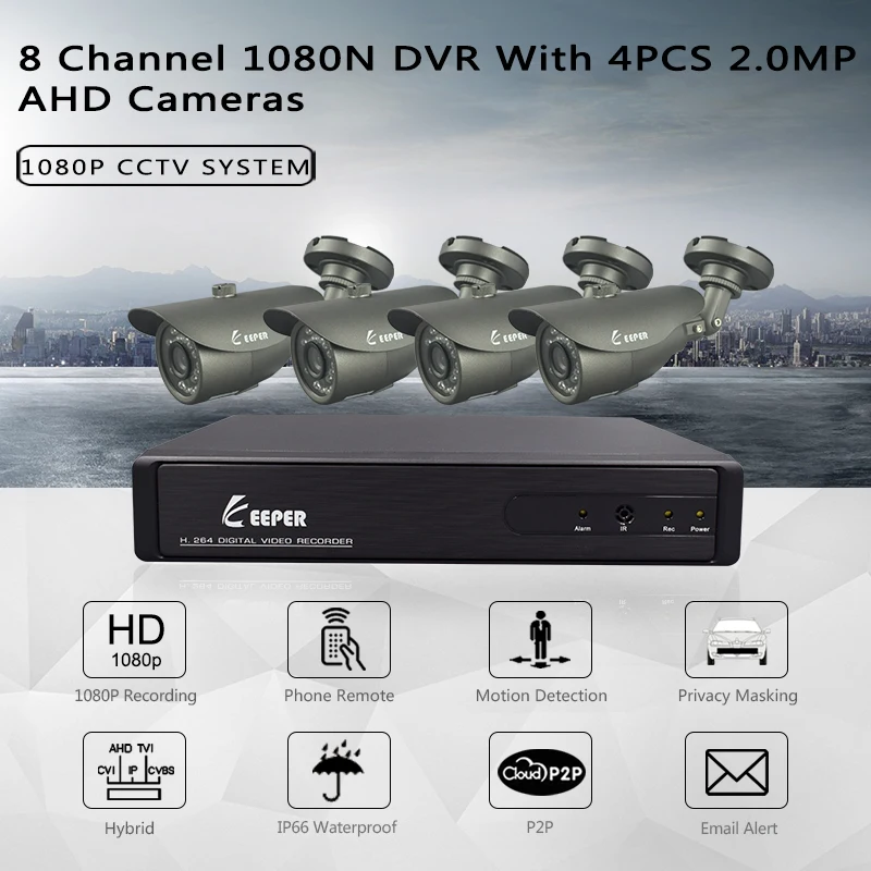 Keeper 8CH CCTV система 1080N HD DVR+4PCS 2.0MP 24PCS IR Led наружная Безопасность камера 2500TVL AHD