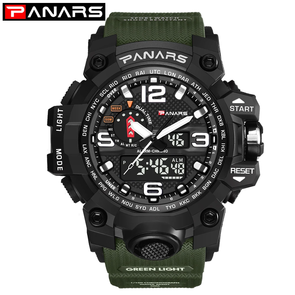 Army Green Watch PANARS мужские спортивные часы для улицы для мужчин водонепроницаемый цифровой светодиодный G мужской шок военные электронные наручные часы relogio masculino - Цвет: Army Green Watch