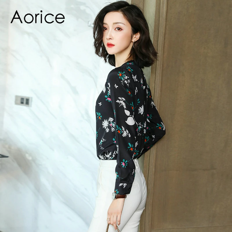 Aorice WP931 100% silk New women black printing V collar skirt front lady Age reduction floral print girl short dress |