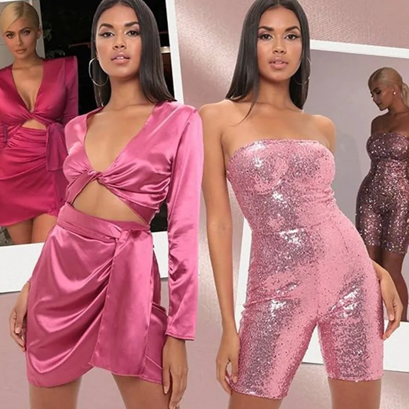 Женский комбинезон с блестками MUXU розовый Клубные комбинезоны открытой спиной |