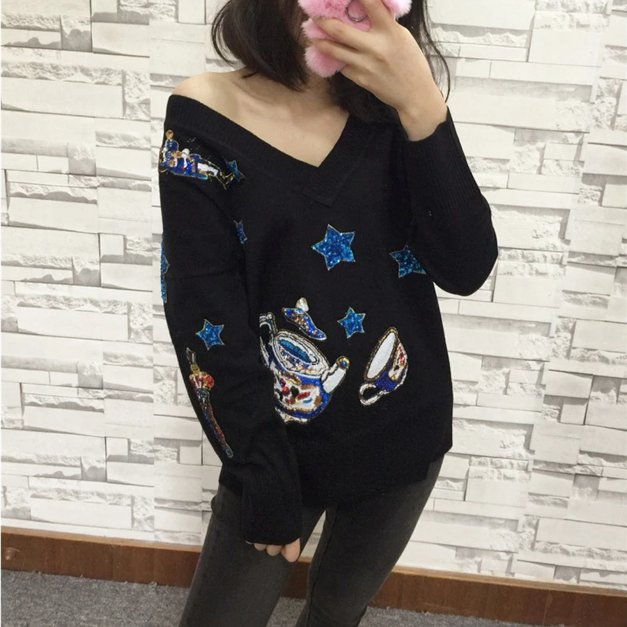 Oversized Winter Women Runway Sweater with Sequins Long Sleeve V-neck Teapot Star Sequined Wool Knit Black Gray Female Pullovers | Женская
