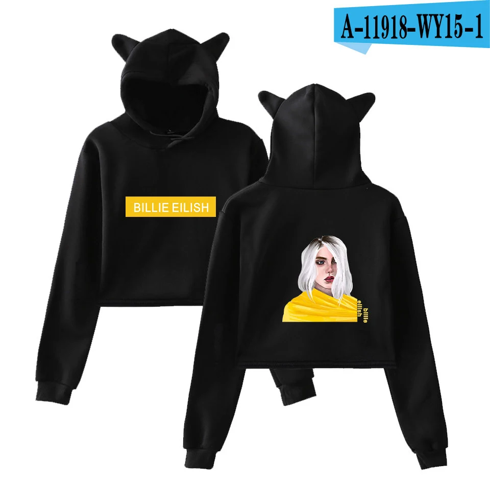 Billie Eilish Толстовка Harajuku милый кот Негабаритных Толстовки Кофты Розовый женский хит-хоп толстовка летняя укороченная верхняя одежда - Цвет: Бежевый