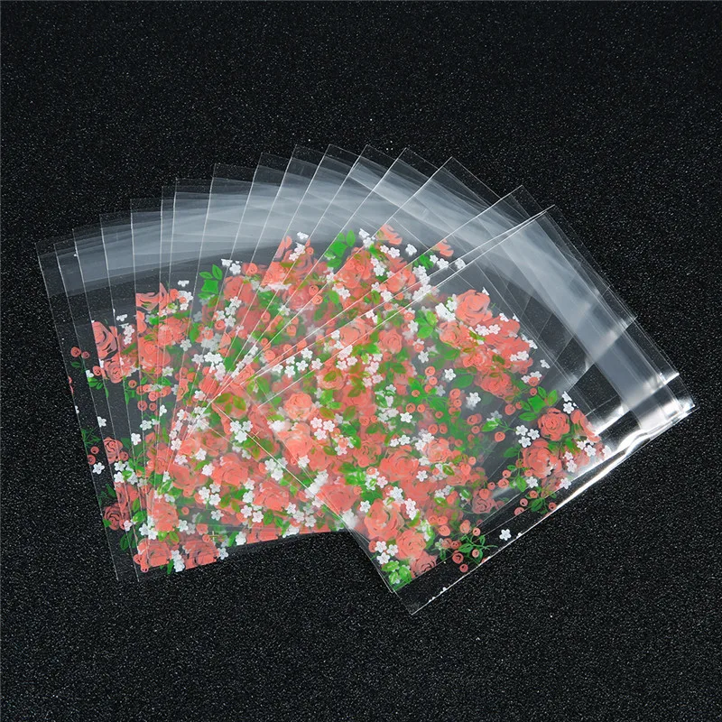 100pcs/lot Rose Flower Pattern Transparent Festive Gift Bags Cello Self-adhesive Cookie for Christmas Package | Украшения и