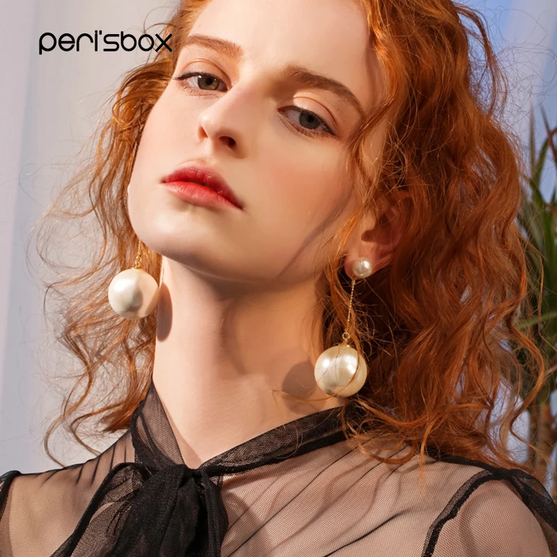 Женские серьги подвески с жемчугом Peri'sbox большие двойным и цепочкой из бисера