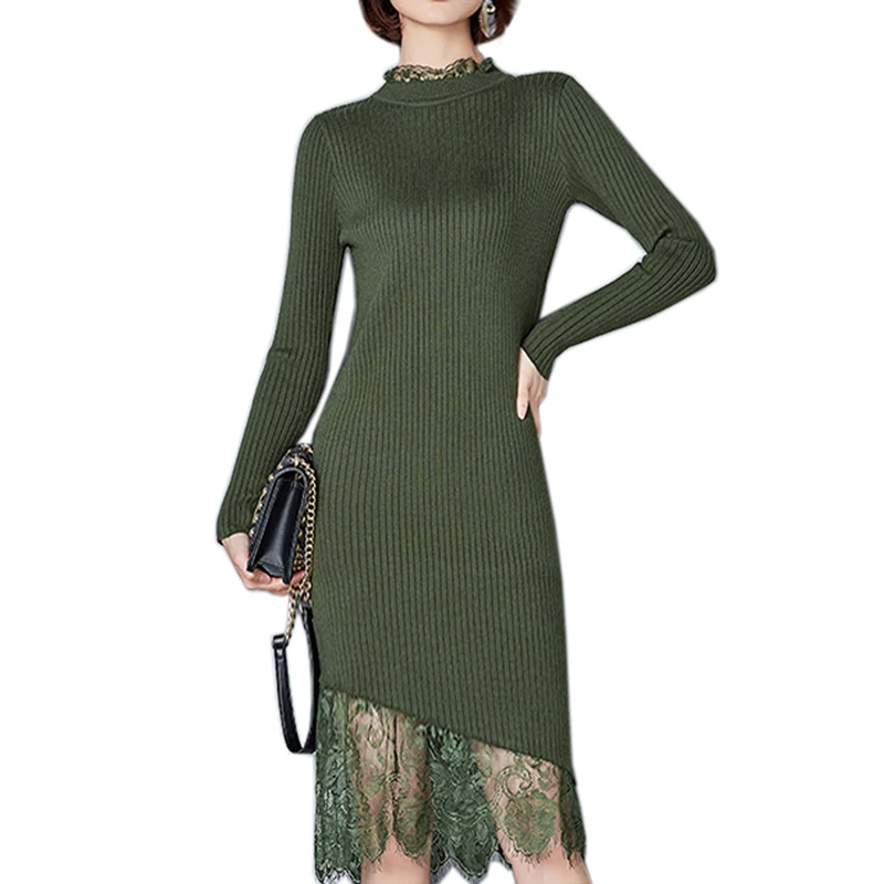 

Women Sweater Dresses Autumn Winter New Long Sleeve Bodycon Pencil Lace Dress Ladies Knitted Turtleneck Sweater Sexy Dress Women