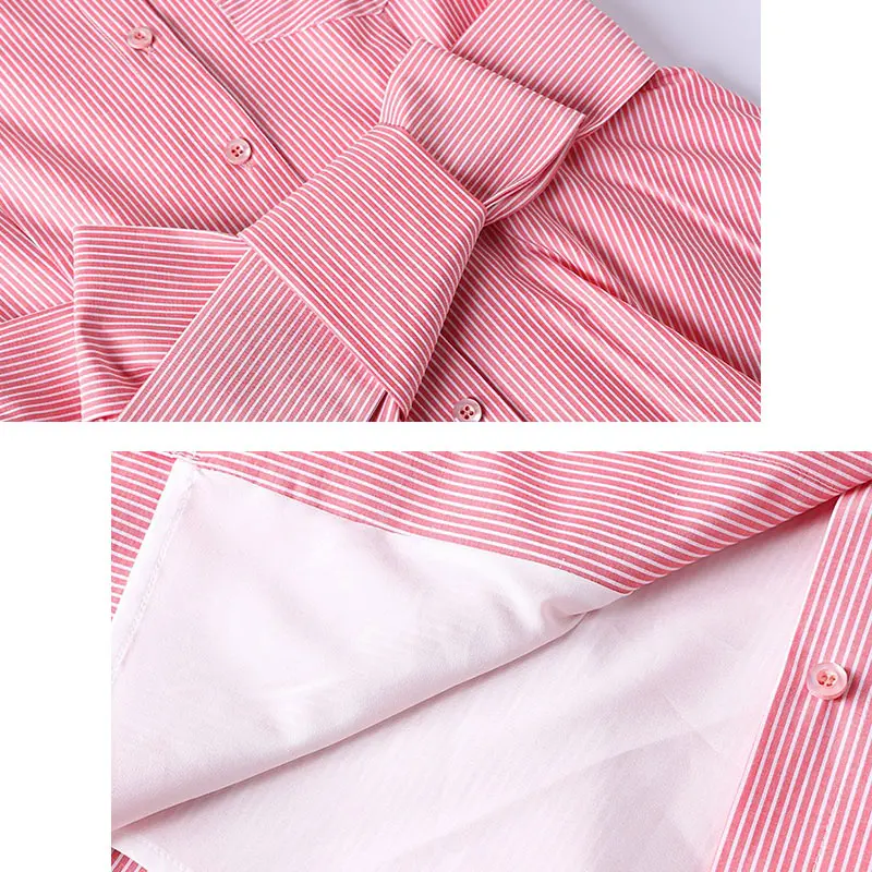 Женское платье на пуговицах в полоску Элегантное летнее с поясом и бантом