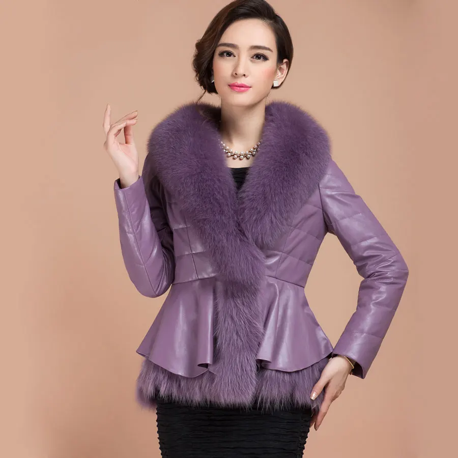 PURPLE Зимняя женская куртка из натурального меха с воротником из натурального Лисьего меха, тонкое короткое пальто, Корейская одежда, Толстая куртка из натуральной кожи - Цвет: PURPLE