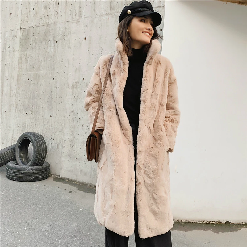 light brown OFTBUY натуральным лисьим мехом пальто зимняя куртка Для женщин из натурального кроличьего меха с длинным пальто со стоячим воротником уличная Теплая верхняя одежда - Цвет: light brown
