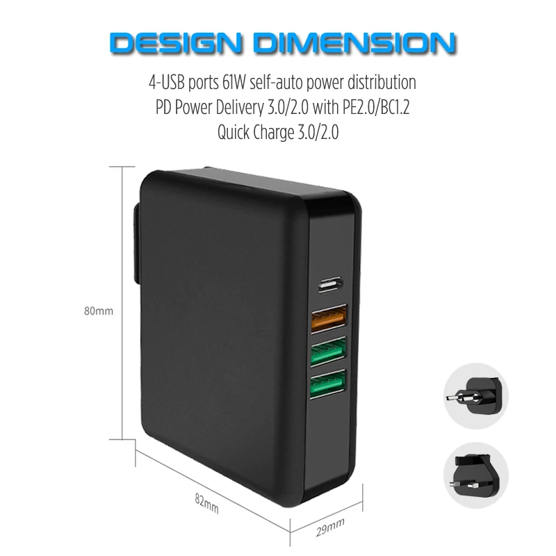 Зарядное устройство STOD PD USB 61 Вт 4 порта Тип C Быстрая зарядка 3,0 Быстрая зарядка для iPhone Xr Xs Max iPad Pro Macbook Samsung Galaxy S10 S9 Note 9 8 Huawei Matebook Mi 9столы ноутбук USB-C QC3.0 адаптер питания