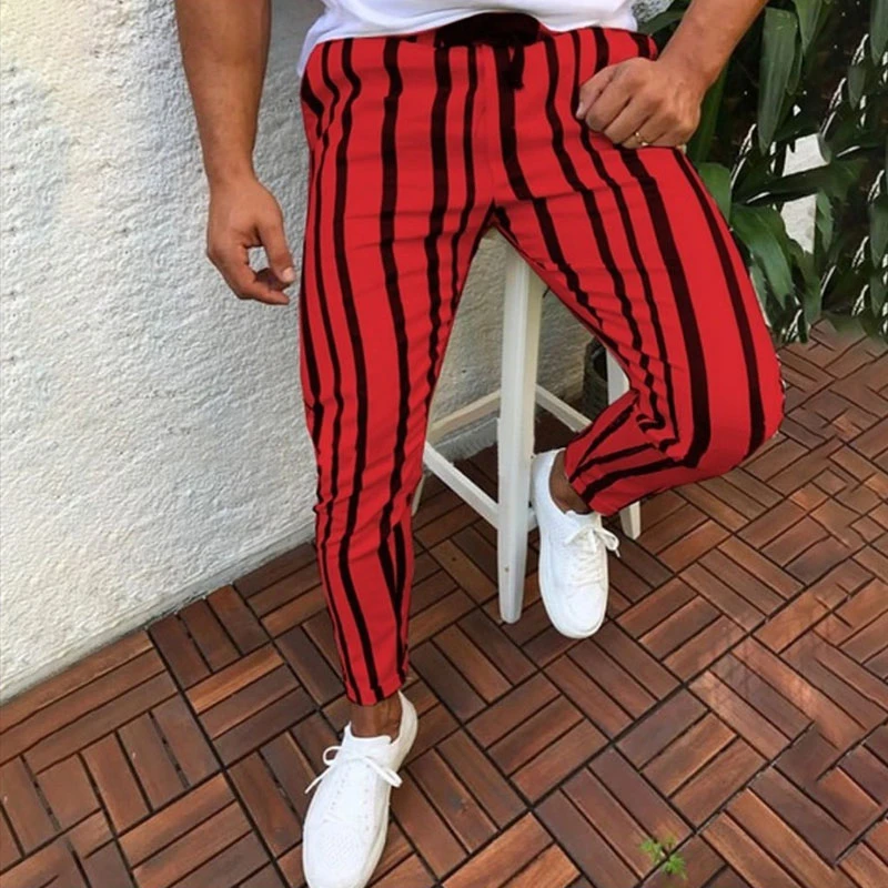 

3XL Plus Size Casual Striped Long Pants Men's Jogger Fitness Sweatpants Trousers Urban Straight Drawstring Slim Fit Trousers