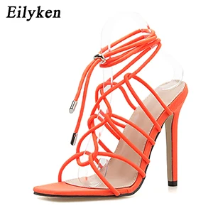 Orange Eilyken г. Новые модные летние пикантные босоножки на высоком каблуке с открытым носком на шнуровке, большие размеры 35-42, черные, оранжевые женские босоножки - Цвет: Orange