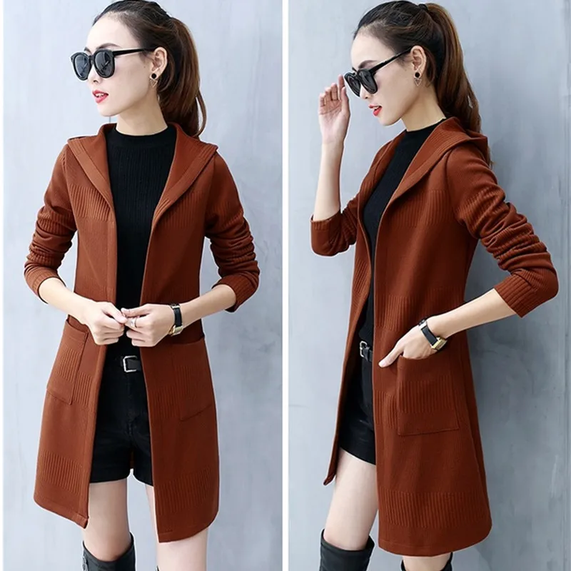 YAGENZ Women Long Cardigan Sweater Coats Autumn Winter Jacket Fashion Female Student Knitting Slim Hooded Coat 721 |