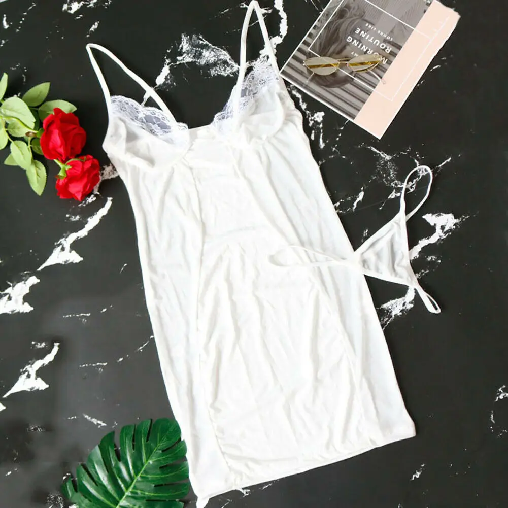 Сексуальное женское кружевное мини платье без рукавов в спящем стиле прозрачное