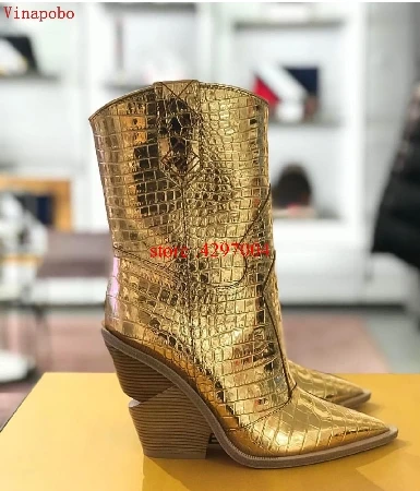 Fashion Cowboy Ankle Boots Women Shoes Pu Leather Wedge Chunky High Heel Boots Snake Print Western Cowgirl Boots Black PINK - Цвет: as the picture