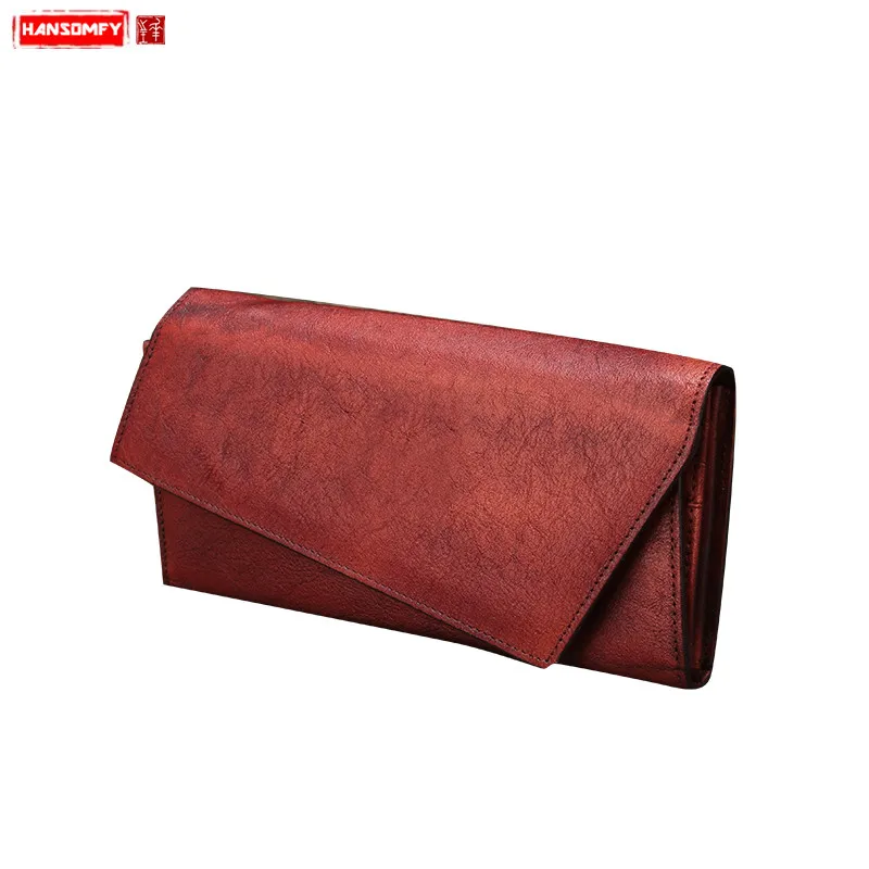 New Retro Simple Women Clutch Bag Manual Vertical Long Wallets Toe Cap Genuine Leather Personality Female Card Holder Wallet