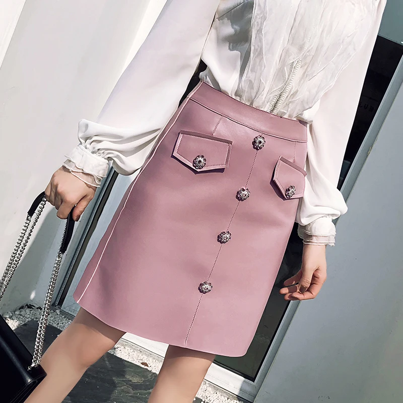 Женская юбка из натуральной кожи до колена с пуговицами|Женские юбки| |