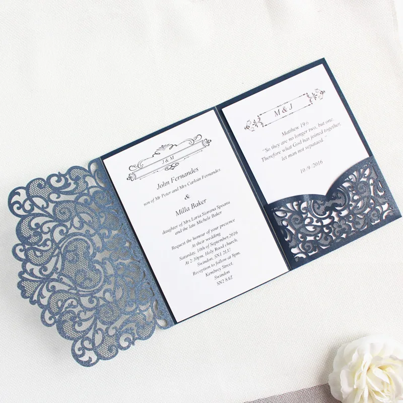 Темно синий лазерная резка элегантные приглашения карман Роза индивидуальный