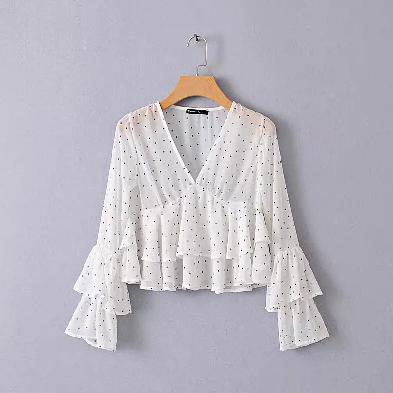 2018 новые весенние сладкий горошек оборками блузка белого цвета Женская мода