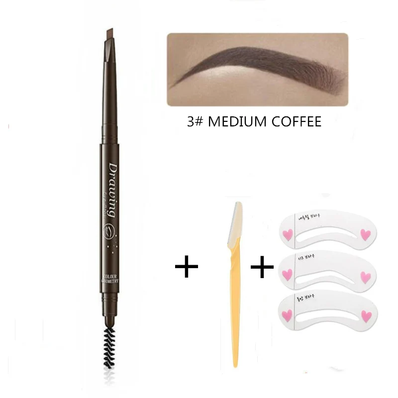 03 Medium Coffee Набор для бровей, Водостойкий карандаш для бровей с кисточкой, ручка для бровей, для формирования бровей, сделай сам, трафареты для бровей, бритва, набор для макияжа - Цвет: 03 Medium Coffee