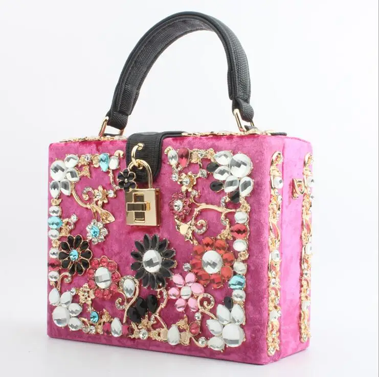 Hot pink Новинка, зимняя роскошная женская сумка в ретро стиле, женская сумка на плечо с вышивкой, велюровая Сумка-почтальон с бриллиантами, Сумка с цветами, 267 - Цвет: Hot pink