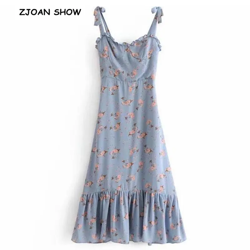 

Summer Chic Floral Print Tie Bow Spaghetti Strap Dress Women Ruffles Wood ears Long Dresses Femme Vestidos