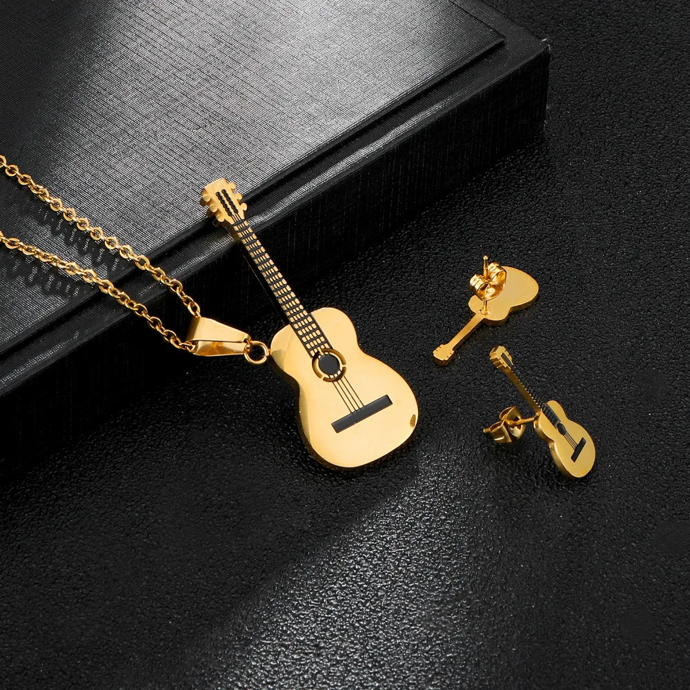 Хип хоп из нержавеющей стали гитара ожерелье серьги гвоздики Ювелирные наборы