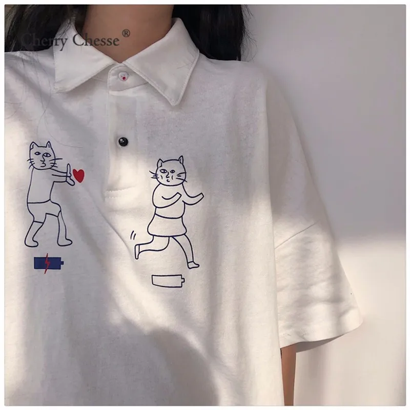 Cherry Chesse Harajuku мультфильм футболка короткий рукав отложной воротник Для женщин