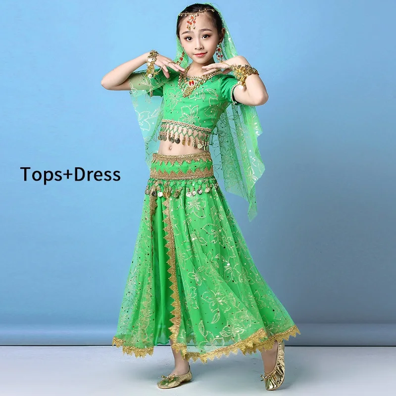 Green(2pc) Костюм для танца живота, индийское танцевальное платье для девочек, Детский костюм для танца живота, Болливуд, сценическая танцевальная одежда, платье для выступлений - Цвет: Green(2pc)