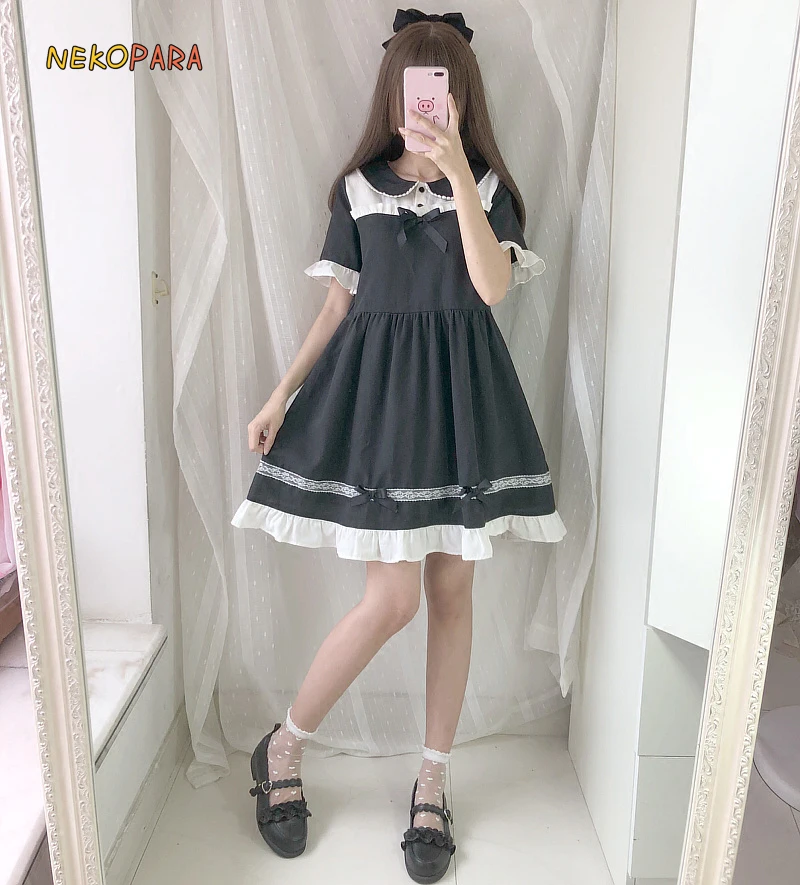 Женское платье с коротким рукавом Maid Style летнее черное бантом и воротником Питер