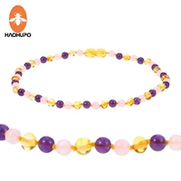 haohupo 6 design amber necklace jewelry with natural rose quartz amethyst gemstone knotted baltic amber bijoux for baby women