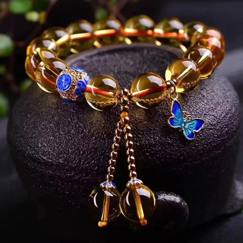 Yellow Crystal Bracelet 12mm Round Beads Baked Blue Accessorie Wealth Lucky for Women Japanese and Korean Style Jewelry | Украшения и