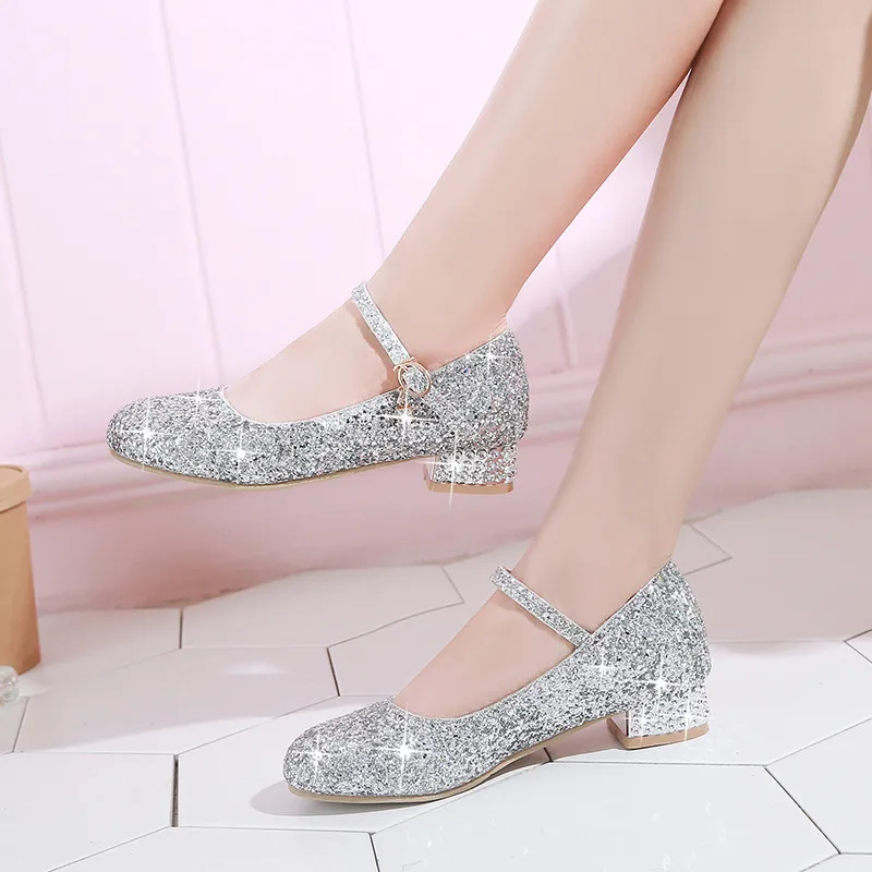 YMECHIC цвет серебристый, Золотой Bling Женские свадебные туфли на толстом низком каблуке блестящие Женские Туфли Мэри Джейн обувь для вечеринок Женские туфли-лодочки большого размера