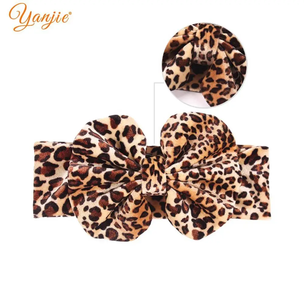YANJIE Winter Leopard Velvet Solid 5&quot Hair Bows Headband For Girls Trendy Floral Bow Head Wrap Elastic Accessories Turban - купить по
