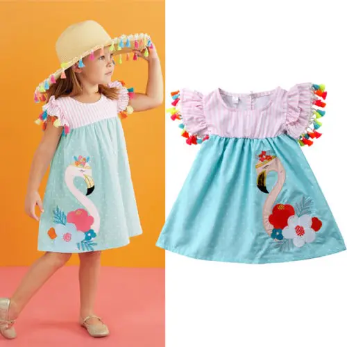 Детское летнее платье в горошек с рисунком фламинго | Детская одежда и обувь